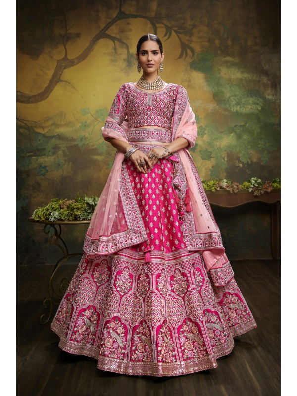 Pure Silk Party Wear Wear Lehenga In Pink With Embroidery Work 