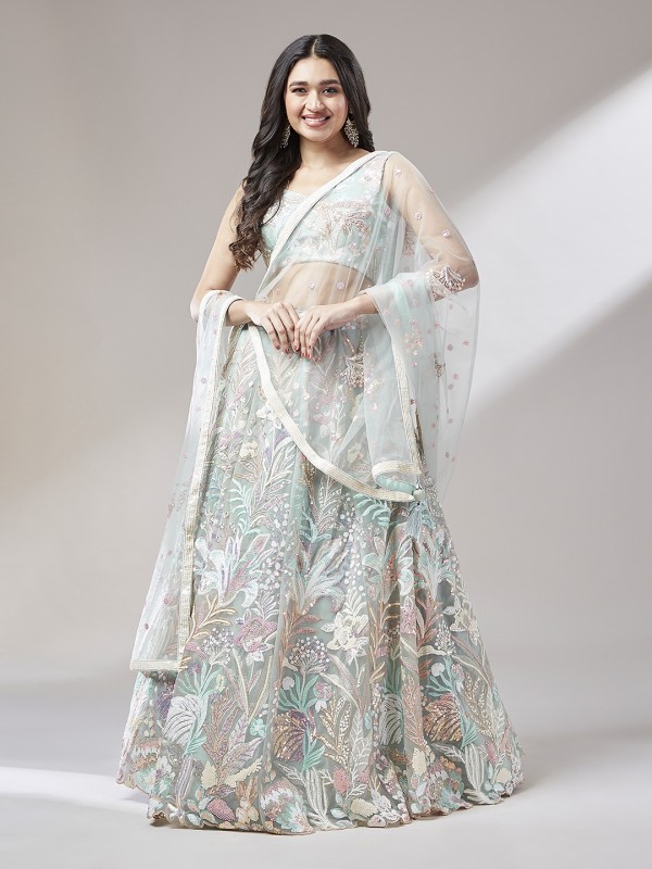 Soft Premium Net Party Wear Wear Lehenga In Light Green Color With Embroidery Work 
