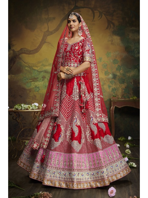 Pure Silk Wedding Wear Wear Lehenga In Red Color With Embroidery Work 