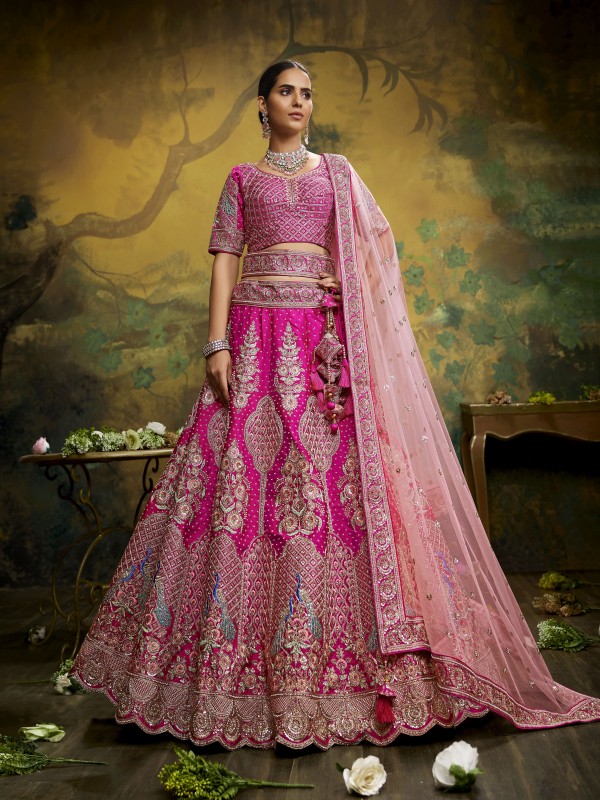 Pure Silk Party Wear Wear Lehenga In Pink Color With Embroidery Work 