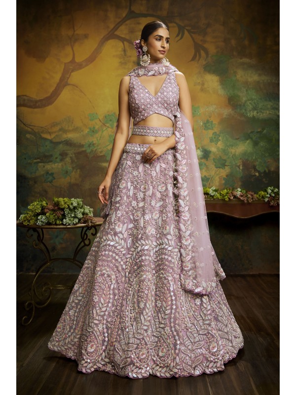 Soft Premium Net Party Wear Wear Lehenga In Mauve Color With Embroidery Work 