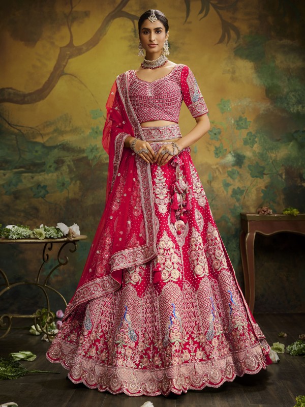 Pure Silk Party Wear Wear Lehenga In Red Color With Embroidery Work 
