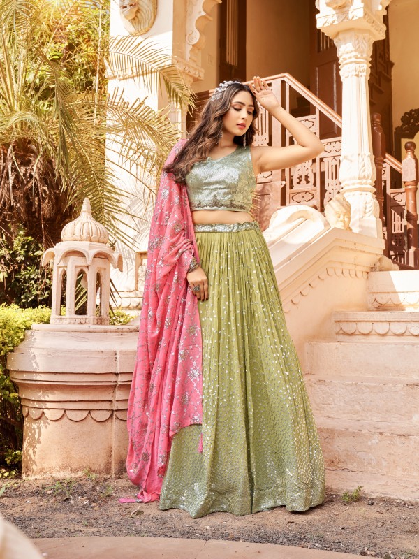 Pure Geogratte  Fabrics Wedding  Wear Lehenga in Green & Pink  Color With Embrodiery  
