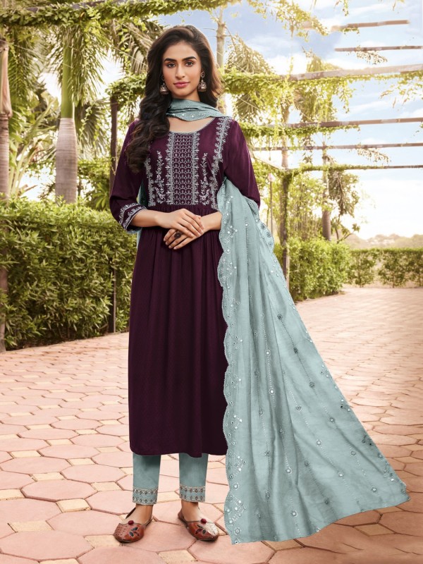 Pure Rayon Fabric Party Wear Suit In Purple Color With Embroidery Work 
