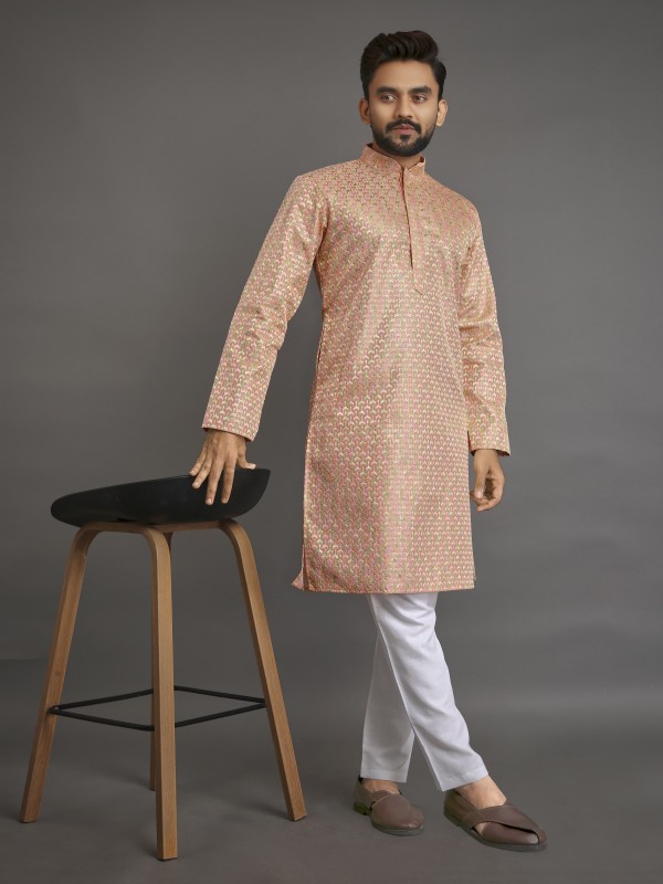 Vanila Silk Readymade Kurta set in Peach with Sequence Embroidery Work