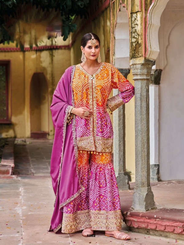 Pure Chinon Silk Party Wear Sharara Multi Color with Embroidery Work
