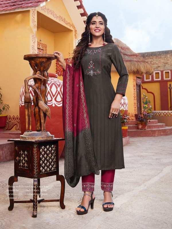 Pure Chinon Fabric Party Wear Suit In Dark Grey Color With Embroidery Work 