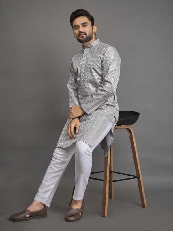 Vanila Silk Readymade Kurta set in Silver with Sequence Embroidery Work