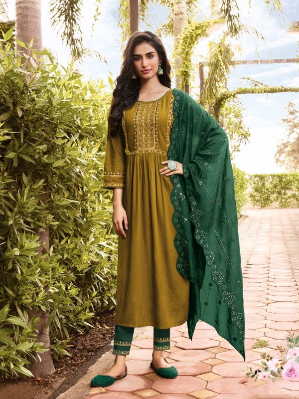 Pure Rayon Fabric Party Wear Suit In Mustard Color With Embroidery Work 