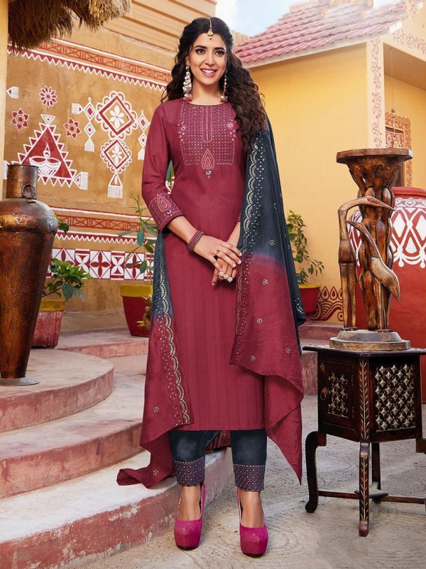 Pure Chinon Fabric Party Wear Suit In Light Maroon Color With Embroidery Work 
