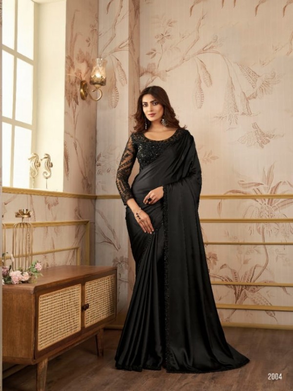 Sateen Organza  Party wear Saree Black Color With Embroidery Work