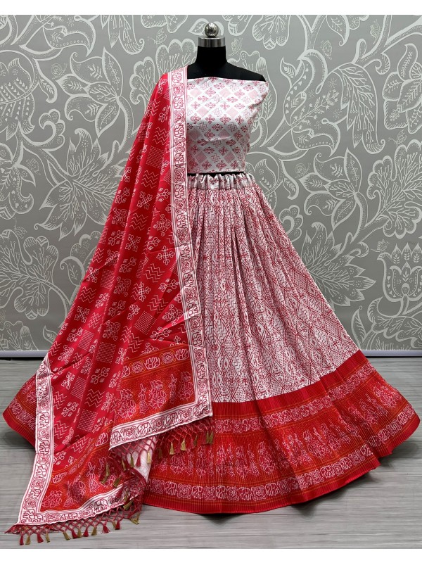 Sateen Silk Traditional Wear Lehenga In Red Color  