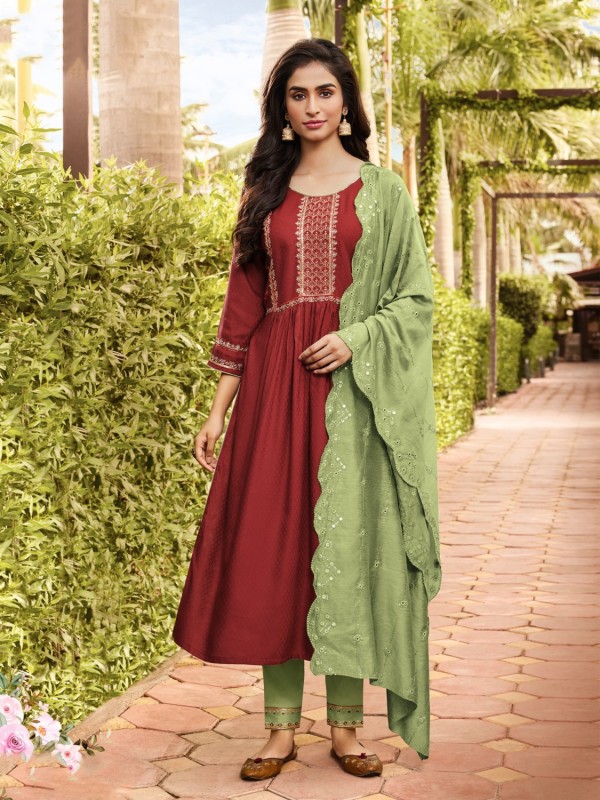 Pure Rayon Fabric Party Wear Suit In Red Color With Embroidery Work 