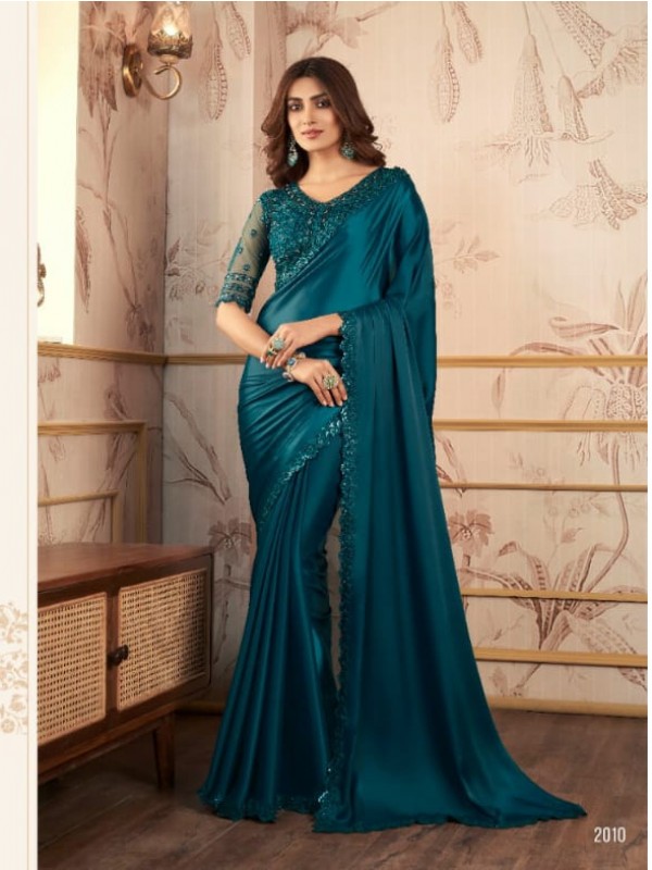 Sateen Organza  Party wear Saree Teal Blue Color With Embroidery Work