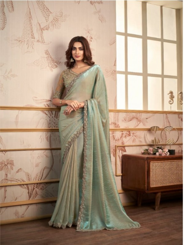 Sateen Organza  Party wear Saree Sea  Blue Color With Embroidery Work