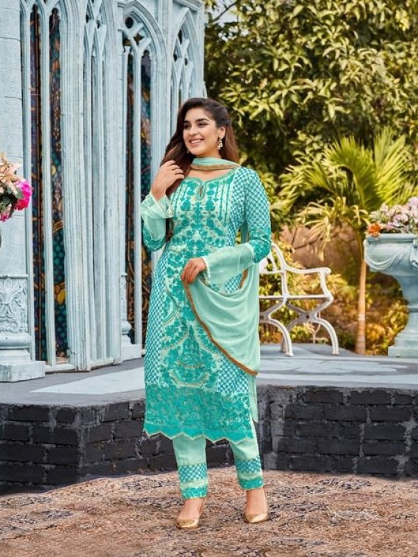 Pure Geogratte Fabrics Party Wear Suit  in Turquoise With Embroidery Work