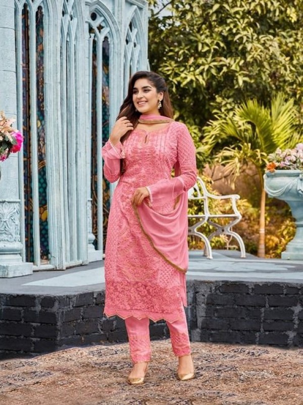 Pure Geogratte Fabrics Party Wear Suit  in Pink With Embroidery Work