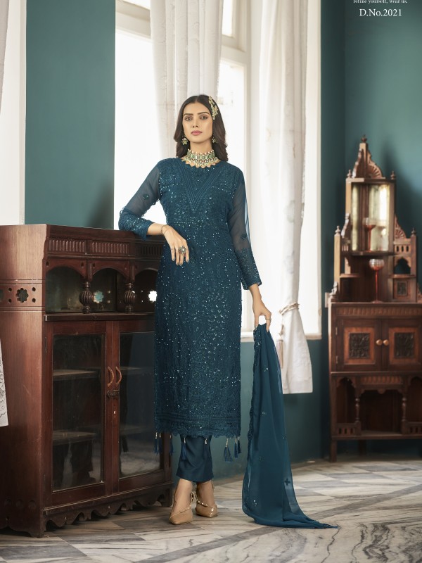 Pure Geogratte Silk Fabrics Party Wear Suit In Teal Color With Embroidery Work