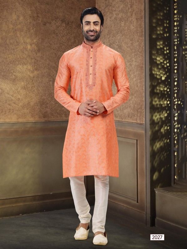 Jaquard Banarasi Silk Readymade Kurta in Orange Color 