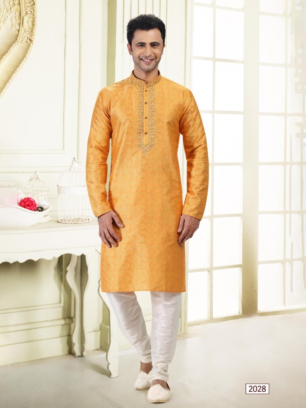 Jaquard Banarasi Silk Readymade Kurta in Mustard Color 