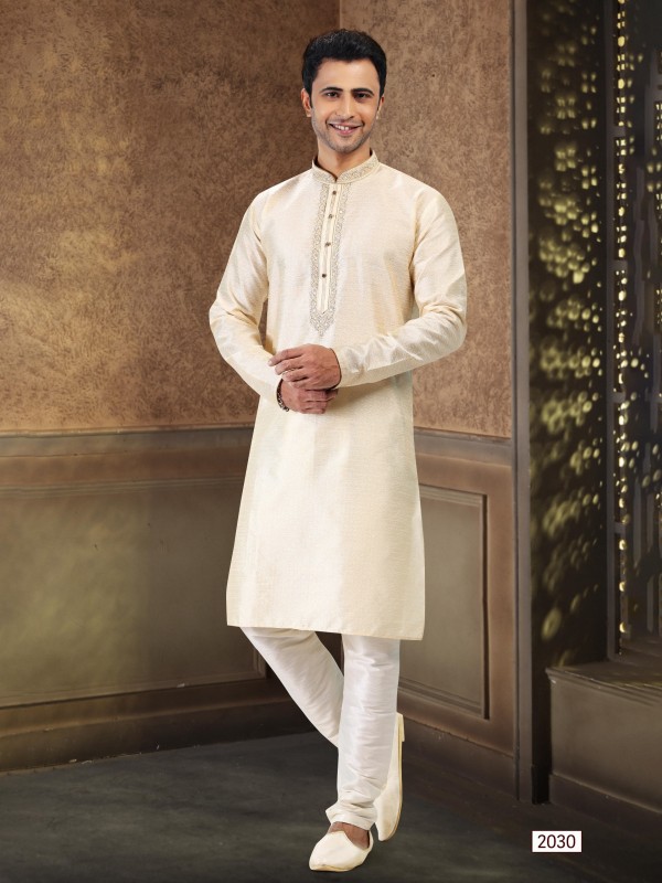 Jaquard Banarasi Silk Readymade Kurta in Cream Color 
