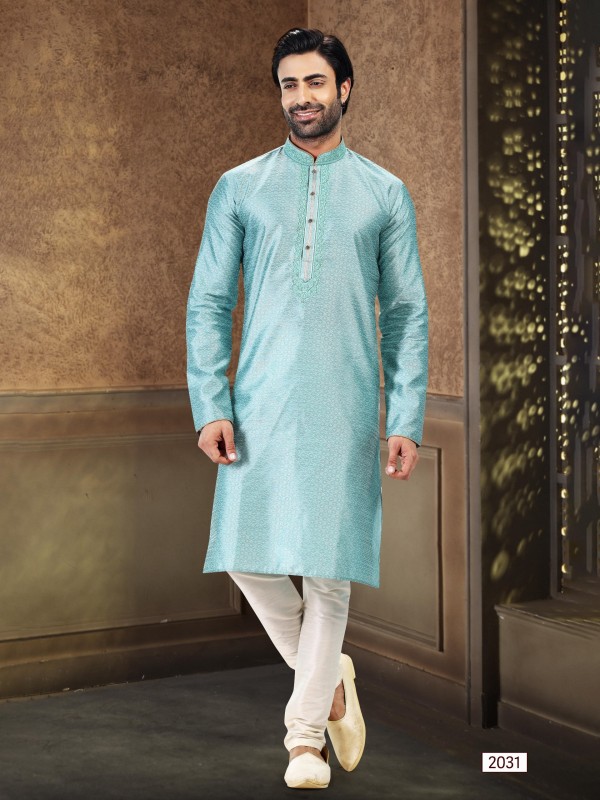Jaquard Banarasi Silk Readymade Kurta in Firozi Blue Color 