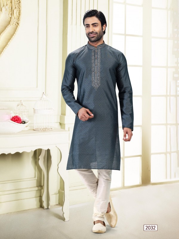 Jaquard Banarasi Silk Readymade Kurta in Grey Color 