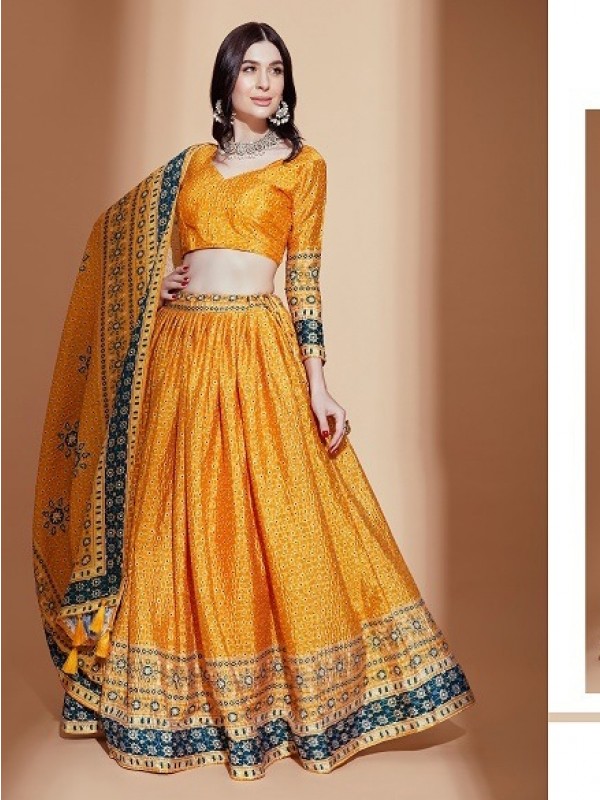 Chinon Silk Party Wear Lehenga in Mustard Color With Digital Print work