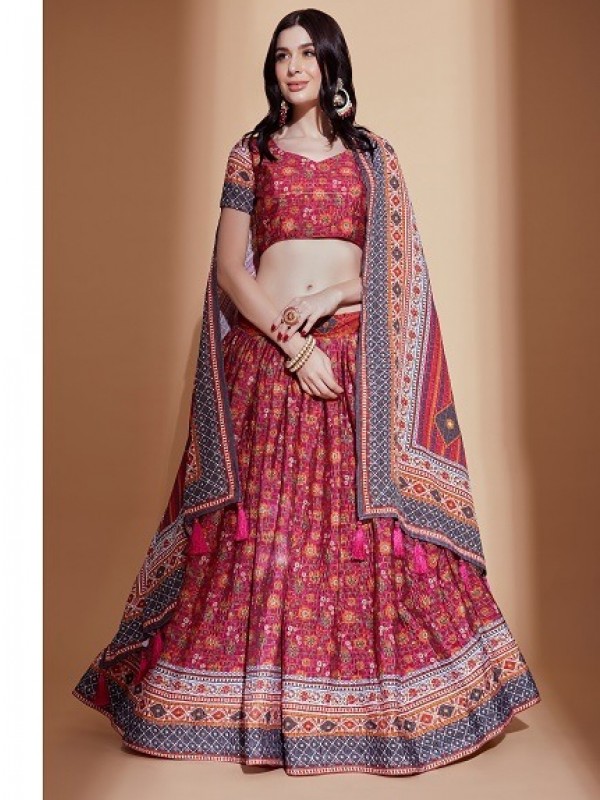 Chinon Silk Party Wear Lehenga in Pink Color With Digital Print work