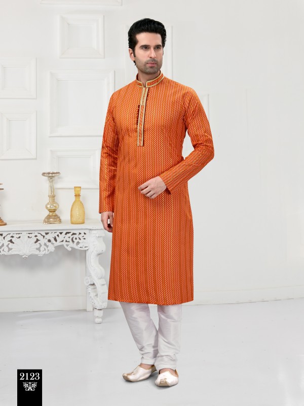 Cotton Silk Printed Readymade Kurta set in Orange With Multi color