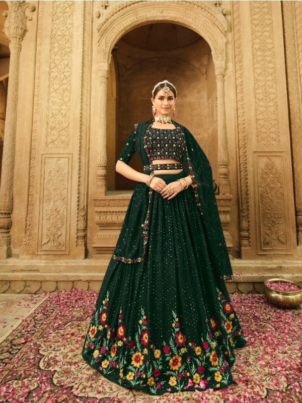 Georgette  Party Wear Lehenga In Green With Embroidery Work