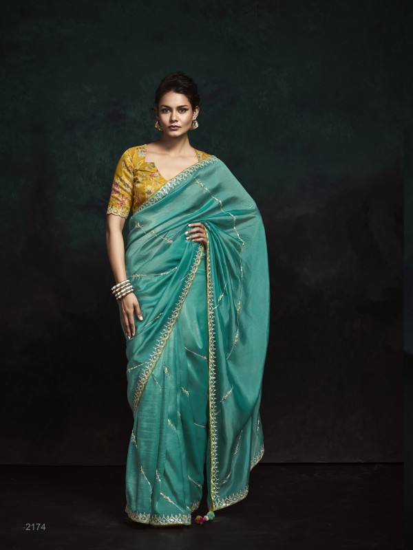 Fancy Silk Party wear Saree Turquoise Color with Embroidery Work