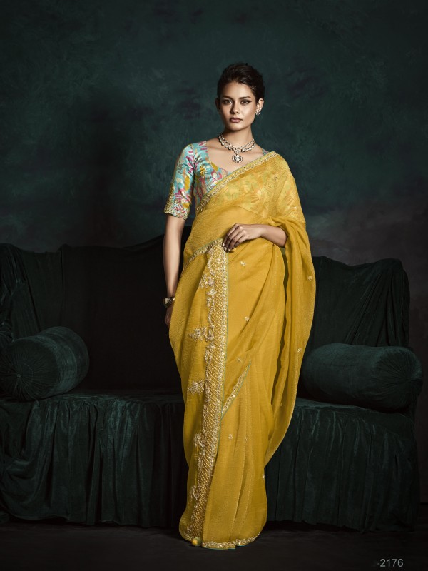 Fancy Silk Party wear Saree Mustard Color with Embroidery Work