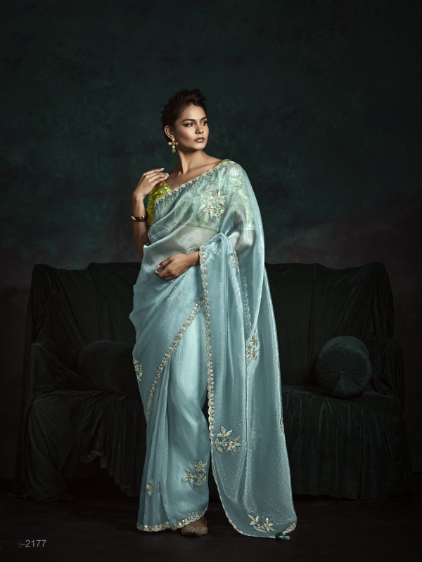 Fancy Silk Party wear Saree Sea Blue Color with Embroidery Work