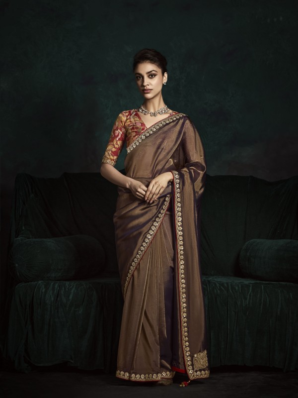 Fancy Silk Party wear Saree Coffee Color with Embroidery Work