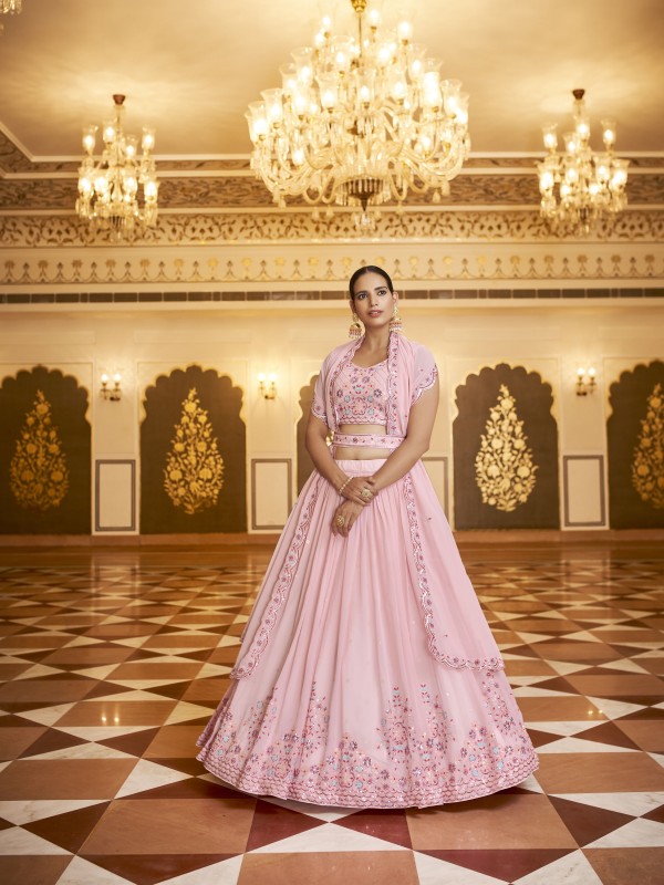 Georgette  Party Wear Lehenga In Pink  With Embroidery Work