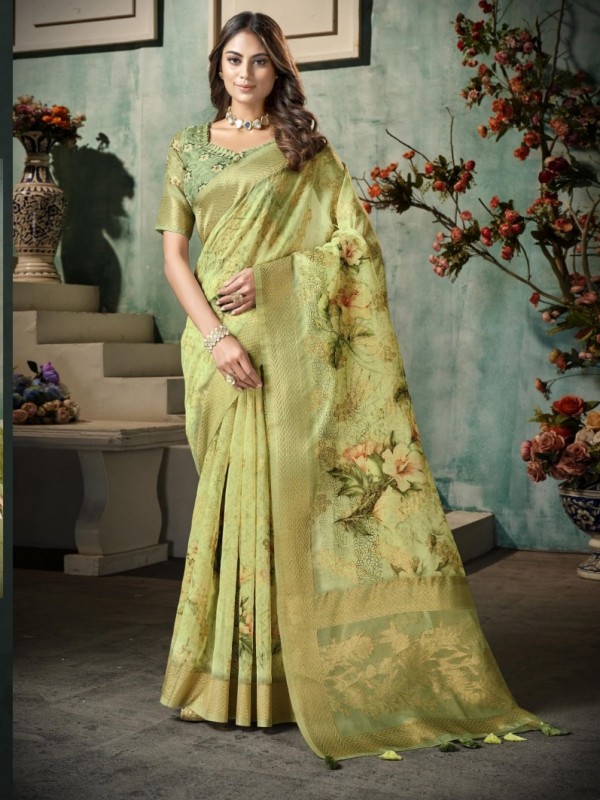  Silk  Saree Green Color With Weaving Work