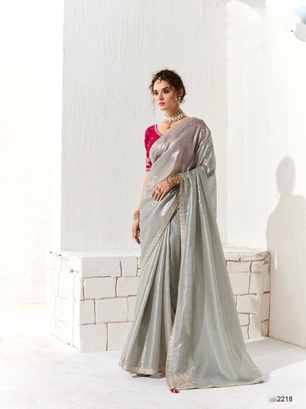 Organza Tissue Silk Party wear Saree In Grey With Embroidery Work