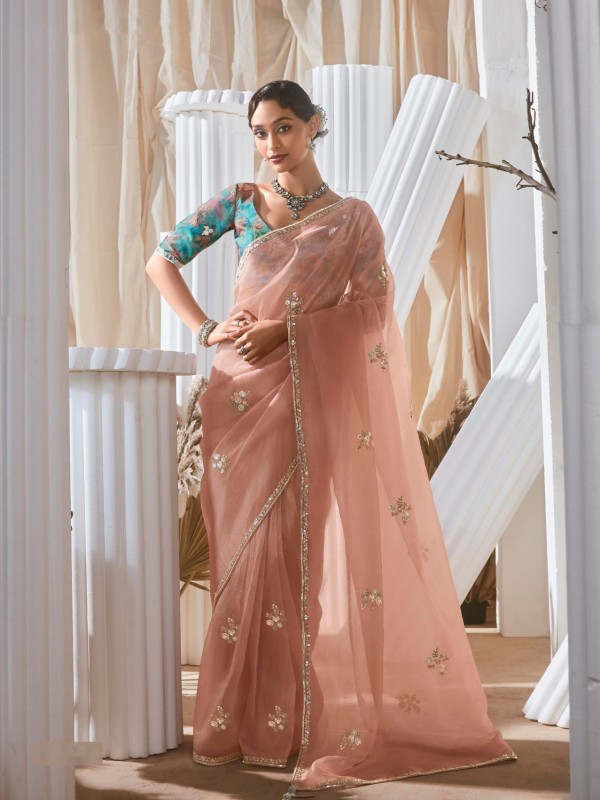 Fancy Silk Party wear Saree In Peach Color With Embroidery Work