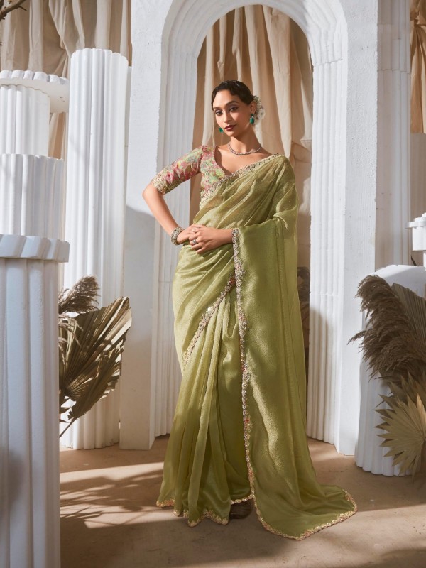 Fancy Silk Party wear Saree In Lime Green Color With Embroidery Work