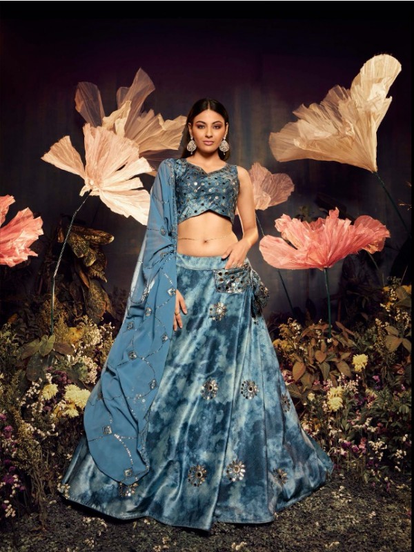 Pure Micro Velvet  Party Wear Lehenga In Sky Blue Color With Embroidery Work 
