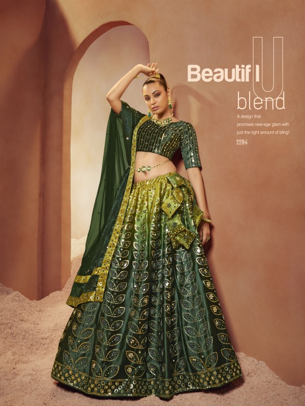 Velvet Fabrics Party Wear Lehenga in Green Color With Embroidery  