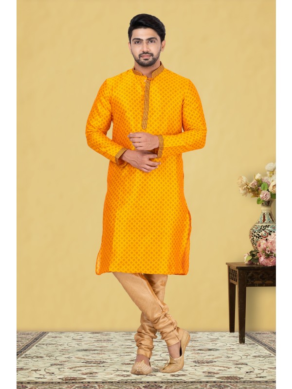 Mal Mal Silk Printed Readymade Kurta set in Yellow 