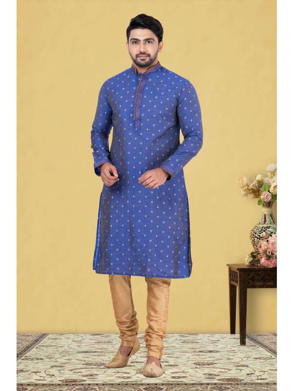 Cotton Silk Printed Readymade Kurta set in Navy Blue 