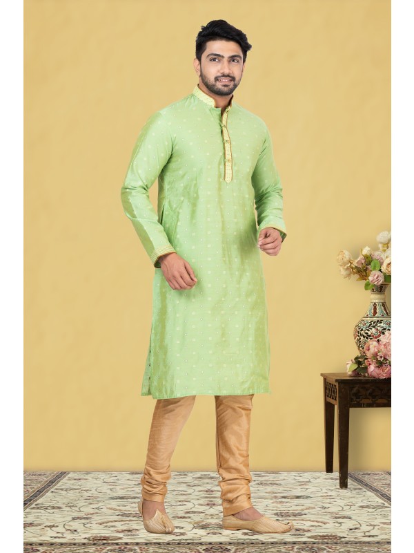 Cotton Silk Printed Readymade Kurta set in Green 