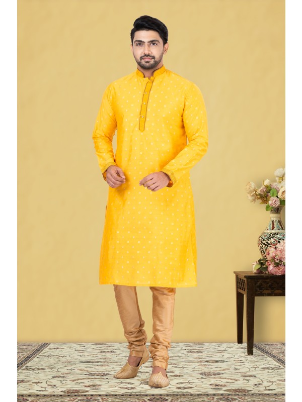 Cotton Silk Printed Readymade Kurta set in Mustard 