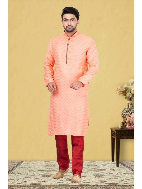 Jamewar Silk Printed Readymade Kurta set in Light Pink 