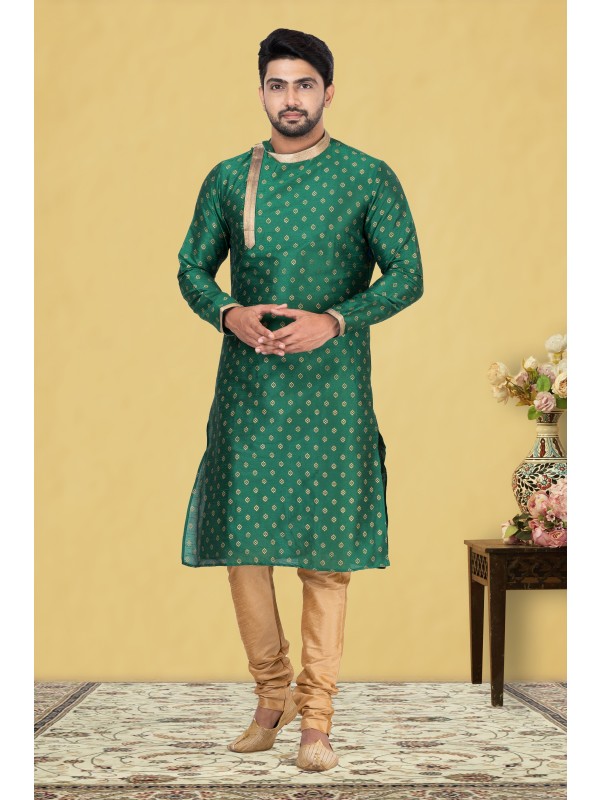 Mal Mal Silk Printed Readymade Kurta set in Green 