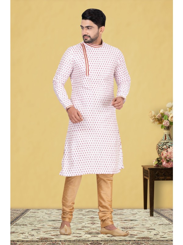 Mal Mal Silk Printed Readymade Kurta set in Cream 