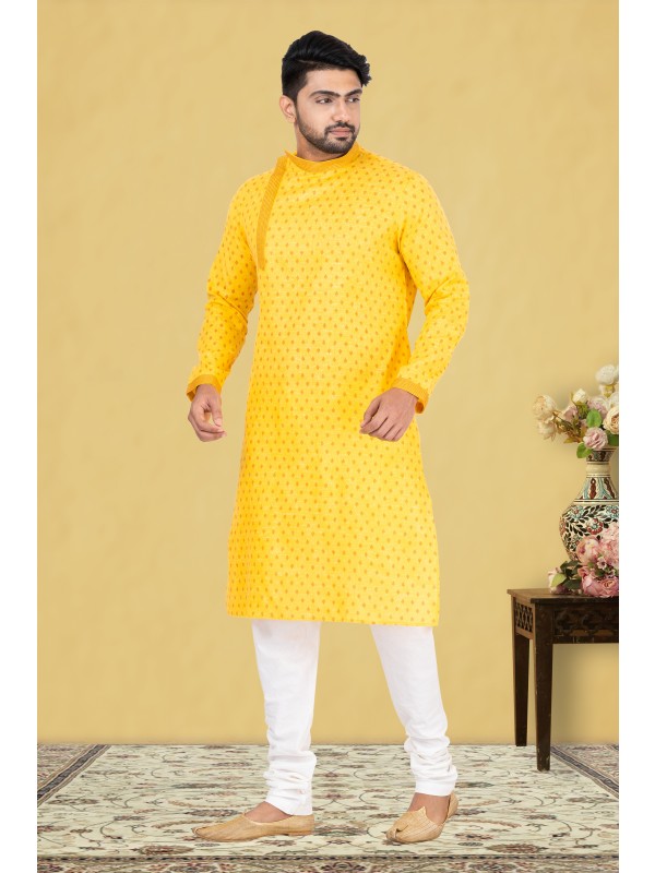 Cotton Silk Printed Readymade Kurta set in Yellow 